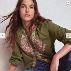Boden Alma Woodland Green Pink Embroidered Puff Sleeve Boho Button Down Top
